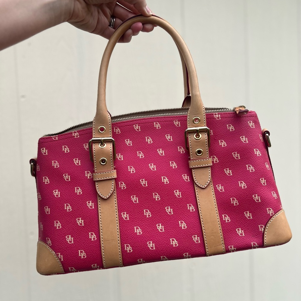 SOLD Dooney & Bourke Pink Logo Saffiano Satchel with Florentine Leather Straps
